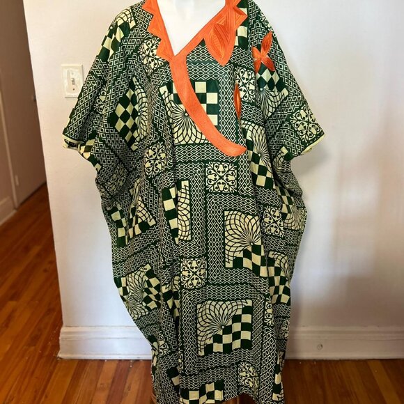 Caftan imprimé géométrique vert orange - Style bohème vintage - Picture 2 of 3